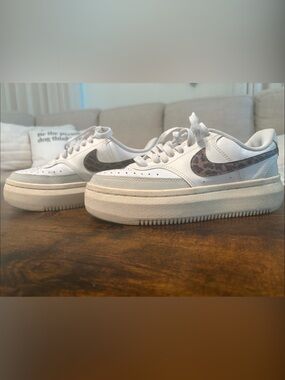Nike White Sneakers with Brown Leopard Swoosh